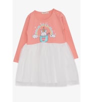 Breeze Kız Çocuk Uzun Kollu Elbise Unicorn Baskılı 1.5-5 Yaş, Somon