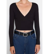 Moda Kruvaze Örme Slim Düz Desen Casual Günlük Crop Uzun Kol Bluz (Siyah)