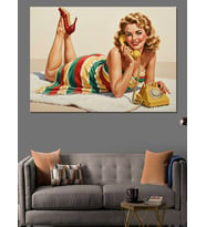 Retro Pin-Up Çizgili Elbiseli Kadın Telefonla Konuşuyor Dekoratif Kanvas - Mdf Ahşap Tablo
