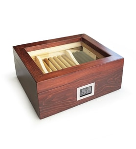Mezmob Masif Yerli Sedir Ağacı Humidor Puro Kutusu Camlı 2 Bölmeli Dijital