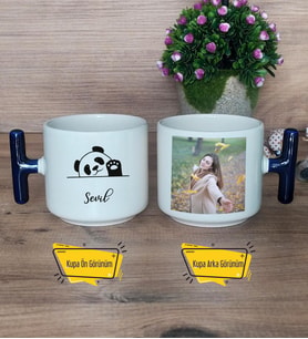 Sevimli Panda Kupa Bardak Fotoğraflı T Lacivert Kulplu Arkadaşa Doğum Günü Hediyesi