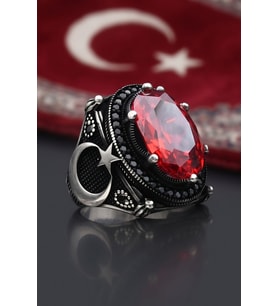 Ay Yıldız - Ay Yıldızlı 925 Ayar Gümüş Erkek Yüzüğü Kırmızı Zirkon Taşlı 903008