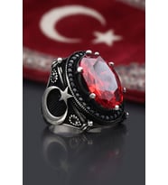 Ay Yıldız - Ay Yıldızlı 925 Ayar Gümüş Erkek Yüzüğü Kırmızı Zirkon Taşlı 903008