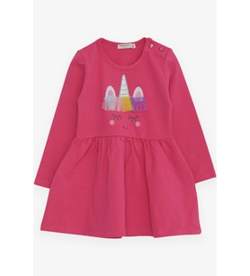 Breeze Kız Çocuk Uzun Kollu Elbise Tüllü Unicorn Nakışlı 1.5-5 Yaş, Fuşya