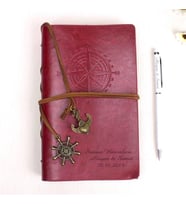 Kişiye  Özel Deri Kapaklı Pusula Temalı Vintage Hatıra Defteri ve Kalem Seti (Kırmızı)