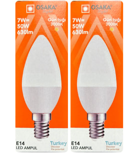 (2 Adet) Osaka 7W (50W) Sarı Işık (3000K) E14 Duylu (İnce Duy) Led Mum Ampul