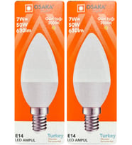 (2 Adet) Osaka 7W (50W) Sarı Işık (3000K) E14 Duylu (İnce Duy) Led Mum Ampul