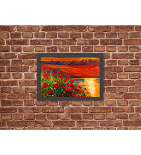 Ahşap Kendinden Çerçeveli Tablo - Yağlı Boya Gün Batımı Kırmızı Gelincik, Standart - 20x28cm (Çok Renkli)