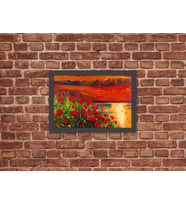 Ahşap Kendinden Çerçeveli Tablo - Yağlı Boya Gün Batımı Kırmızı Gelincik, Standart - 20x28cm (Çok Renkli)