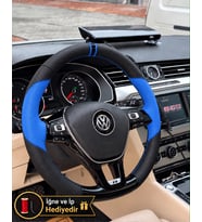 Vw T-Cross Dikme Direksiyon Kılıfı Delikli Deri Parlak Siyah Mavi Detay Çift Yüzük ve Dikiş 2019-2021