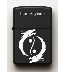 Ying Yang Ejderha Desenli Kişiye Özel İsimli Siyah Benzinli Metal Çakmak