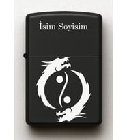 Ying Yang Ejderha Desenli Kişiye Özel İsimli Siyah Benzinli Metal Çakmak