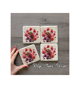 BİLGE tasarım Stone Decor Taş Bardak Altlığı 4'lü Set 10x10x1 Cm desenli
