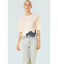 Asimetrik Crop Bluz %100 Pamuk Renk Bloklu Desen Bisiklet Yaka Kısa Kol Trend Tasarım