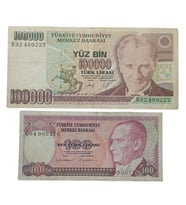 7. Emisyon 100.000 ve 100 Türk Lirası . Cumhuriyet Dönemi Koleksiyon Kağıt Para. Haliyle.