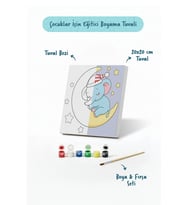 Ay Üzerinde Uyuyan Fil Temalı Çocuk Boyama Tuvali – Şövalesiz Eğitici Boyama Seti 20x20 cm