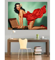 Kırmızı Elbiseli Pin-Up Kadın Dekoratif Kanvas - Mdf Ahşap Tablo
