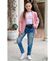 Kız Çocuk Kalp ve Little Baskılı Tişört ve Jean Pudra Blazer Ceket Alt Üst Takım