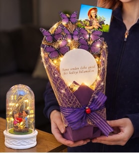 Size Özel Fotoğraflı Led Işıklı Aynalı Kelebek Buketi & Led Işıklı Fanuslu (Model 8)