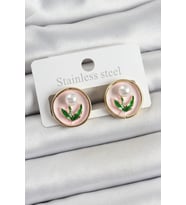 Pirinç Pembe Mineli Lale Figürlü Sanatsal Portre Model Gold Renk Kadın Küpe - TJ-BKP10674