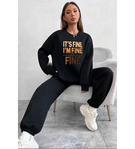 Unisex Fine Baskılı Bisiklet Yaka Eşofman Takımı (Siyah)