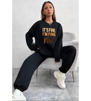 Unisex Fine Baskılı Bisiklet Yaka Eşofman Takımı (Siyah)