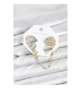 Mey İthalat® Kiraz Model Pirinç Gold Renk Zincir Bağlantılı Ear Cuff Küpe Seti