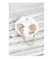 Mey İthalat® Kiraz Model Pirinç Gold Renk Zincir Bağlantılı Ear Cuff Küpe Seti