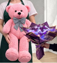 Premium Renkli Led Işıklı Mor Kelebek Buketi ve Büyük Boy Ayıcık Seti Hediyesi (Model 2)