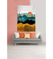 Gold-Mavi Güneşin Doğuşu Sunset Leke Tutmaz Kadife Kumaş Duvar Örtüsü Duvar Halısı Tapestry