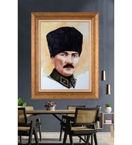 Altın Varaklı Çerçeveli Paspartulu Atatürk Tablo nl151 (Gold)