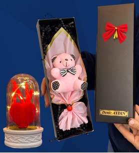 Size Özel İsimli Kutuda Pembe Peluş Ayıcık ve Led Işıklı Biblolu Fanus (Model 3)