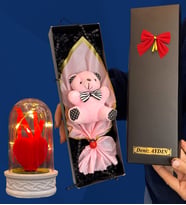 Size Özel İsimli Kutuda Pembe Peluş Ayıcık ve Led Işıklı Biblolu Fanus (Model 3)