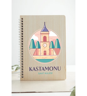 Kastamonu Saat Kulesi Şehir Tasarım Ahşap Kapaklı Defter Kraft Kâğt Özel Tasarım (Akçaağaç Rengi )