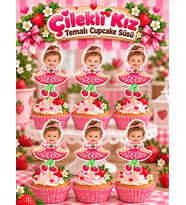 Pamuğum Atelier Kişiye Özel Fotoğraflı Çilekli Kız Temalı Cupcake Süsü Bebek, Çocuk Pasta Süsü (6-12-18-24-30 Adet)