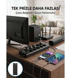 10 Prizli Usb Destekli Çoklu Priz Type-c Şarj Girişli Güvenli Güç Ünitesi