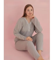 Pijamerry Kadın Büyük Beden Dantel Yaka Bambu Uzun Kol Pijama Takımı 5070 - 1 Adet (Gri)
