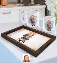 BK Gift Kişiye Özel Kadın Karikatürlü Doğal Ahşap Tepsi ve 2’li Kupa Bardak Seti-107