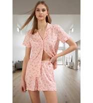 Kadın Pamuklu Kısa Kollu Pijama Takımı Şortlu Rahat Yazlık Mükemmel Uyum Premium Kalite (Pembe)