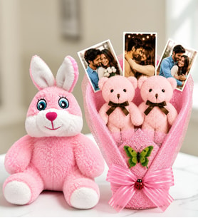 Kişiye Özel 3 Fotoğraflı Pembe Peluş Ayıcık Buketi ve Pembe Peluş Tavşan Kadına Hediye Sevgiliye Hediye