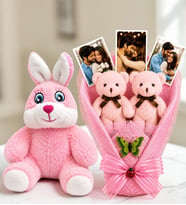 Kişiye Özel 3 Fotoğraflı Pembe Peluş Ayıcık Buketi ve Pembe Peluş Tavşan Kadına Hediye Sevgiliye Hediye