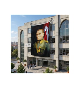 Üniformalı Gazi Mustafa Kemal Atatürk- Ay Yıldız Bayrak Poster Bayrak Raşel Kumaş 6x9 metre ATA17