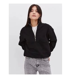 Oversize Yarım Farmuarlı Yakalı Basic SweatShirt - Siyah