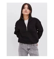 Oversize Yarım Farmuarlı Yakalı Basic SweatShirt - Siyah