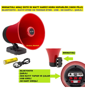 MIKNATISLI ARAÇ ÜSTÜ (BLUETOOTH - USB -SD KARTLI - ŞARJLI) 18650 PİLLİ 50 WATT HARİCİ HORN HOPARLÖR