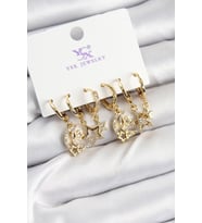 Pirinç Zİrkon Taşlı Ay ve Yıldız Model Gold Renk 3'lü Çift Kadın Küpe (Altın)