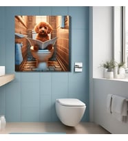 Tekli Kare Kanvas Banyo Tablosu Gazete Okuyan Kahverengi Poodle