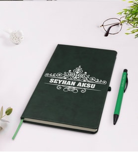 BK Gift Kişiye Özel İsimli Yeşil Termo Deri Defter Kalem Seti Model 32