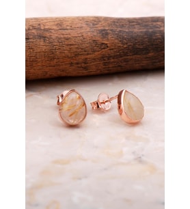 Doğal Sarı Rutil Kuvars Taşlı Damla Mini Rose Gümüş Küpe 5845