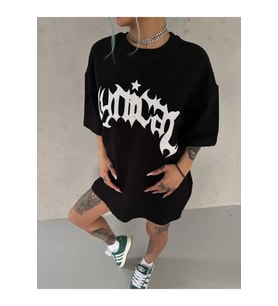 Unisex Bisiklet Yaka Baskılı Oversize T-Shirt - Siyah